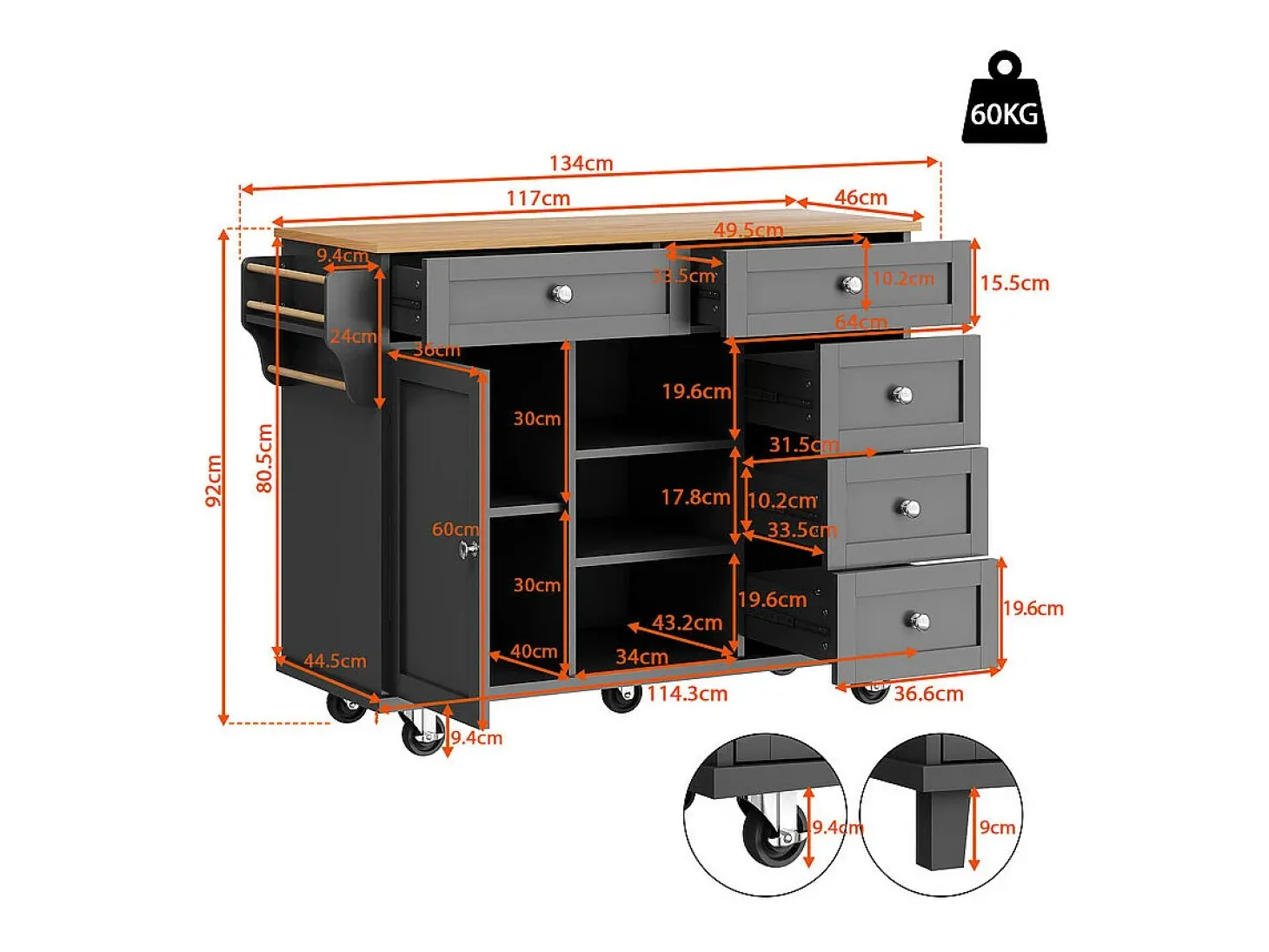 Isla central de cocina con 5 cajones 3 nichos y 1 puerta, con patas fijas y ruedas, 134x46x92cm - Negro