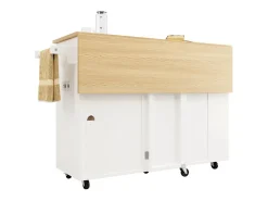 Isla central de cocina con estante para vino 2 cajones y 2 puertas - 2 enchufes - Blanco+natural - 131.5x43/76x90.7cm