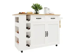 Isla central de cocina con estante para vino 2 cajones y 2 puertas - 2 enchufes - Blanco+natural - 131.5x43/76x90.7cm