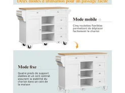 Isla central de cocina con 5 cajones 3 nichos y 1 puerta, con patas fijas y ruedas, 134x46x92cm - Blanco