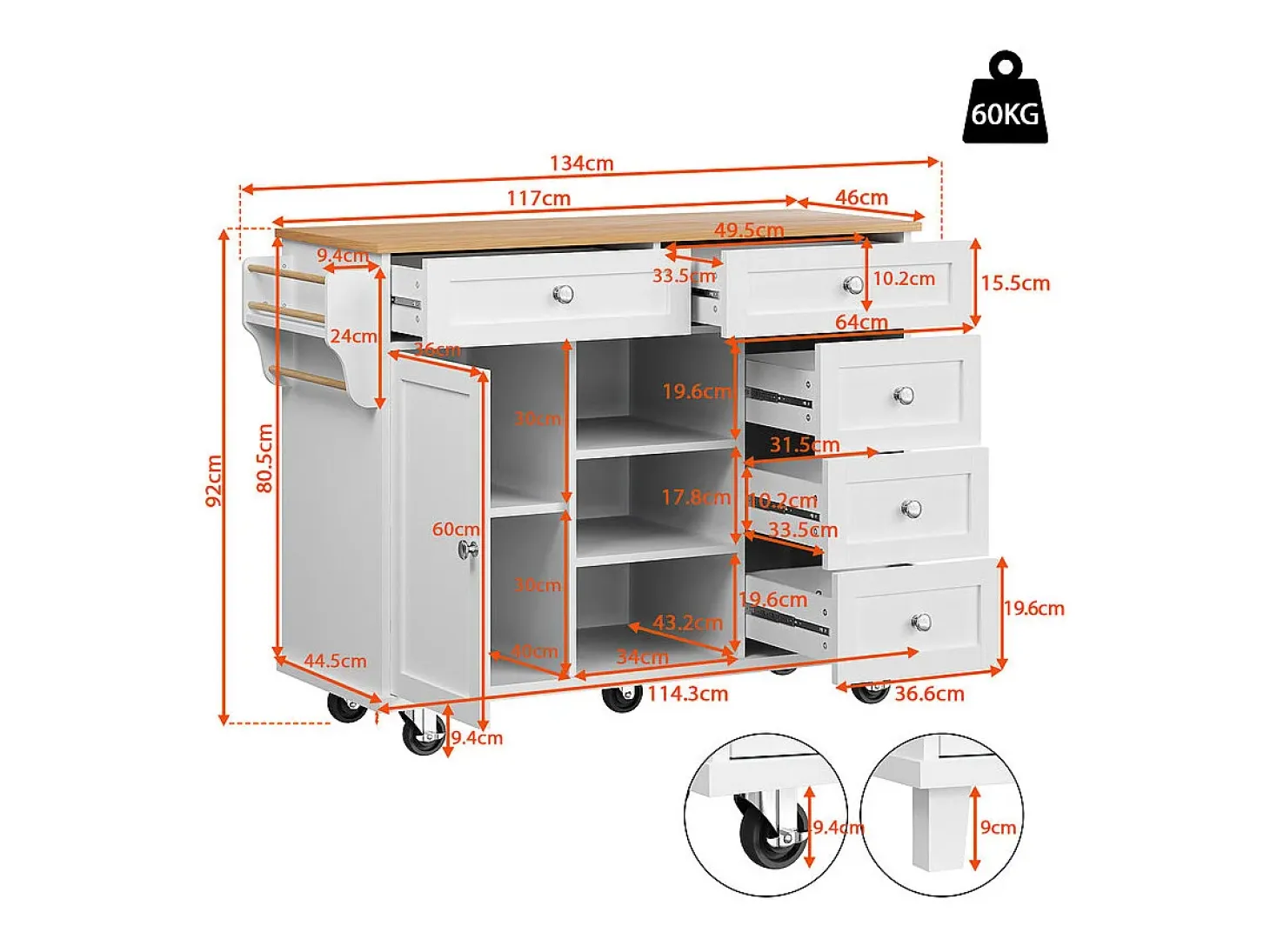 Isla central de cocina con 5 cajones 3 nichos y 1 puerta, con patas fijas y ruedas, 134x46x92cm - Blanco