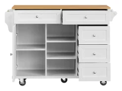 Isla central de cocina con 5 cajones 3 nichos y 1 puerta, con patas fijas y ruedas, 134x46x92cm - Blanco