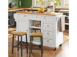 Isla central de cocina con 5 cajones 3 nichos y 1 puerta, con patas fijas y ruedas, 134x46x92cm - Blanco