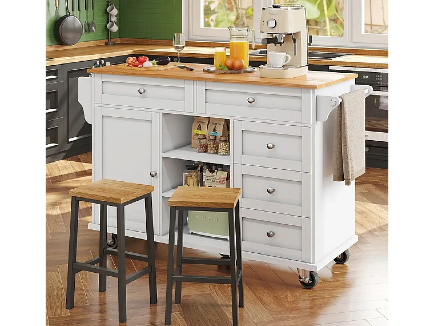 Isla central de cocina con 5 cajones 3 nichos y 1 puerta, con patas fijas y ruedas, 134x46x92cm - Blanco