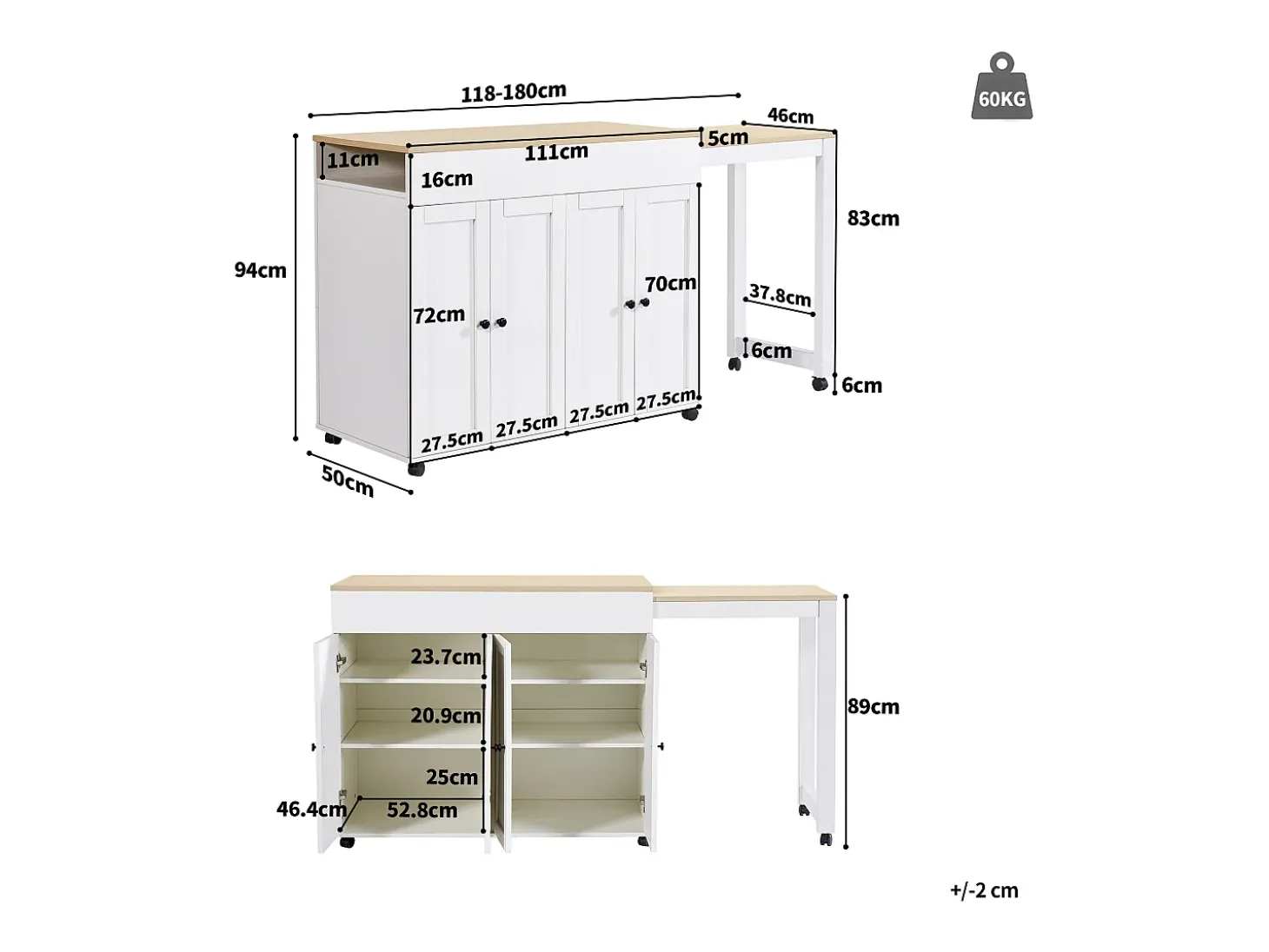 Isla central de cocina con 4 puertas - Tablero extensible - 118(180)x46x94 cm - Blanco + natural