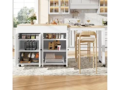Isla central de cocina con 4 puertas - Tablero extensible - 118(180)x46x94 cm - Blanco + natural
