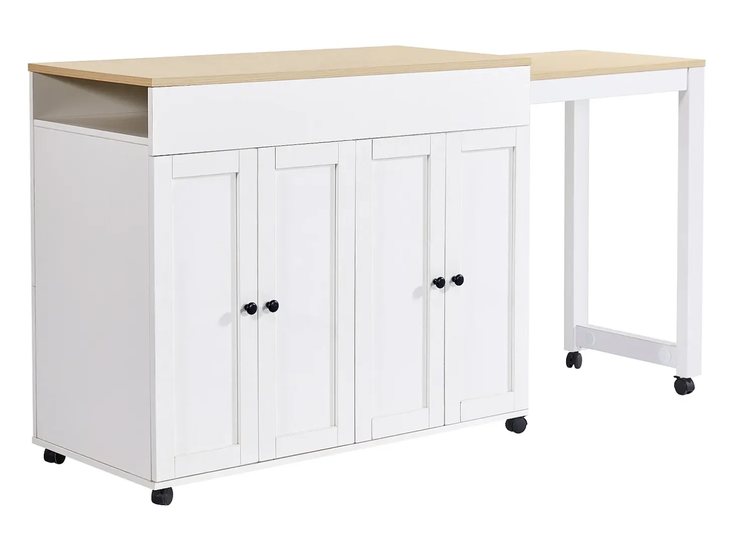 Isla central de cocina con 4 puertas - Tablero extensible - 118(180)x46x94 cm - Blanco + natural