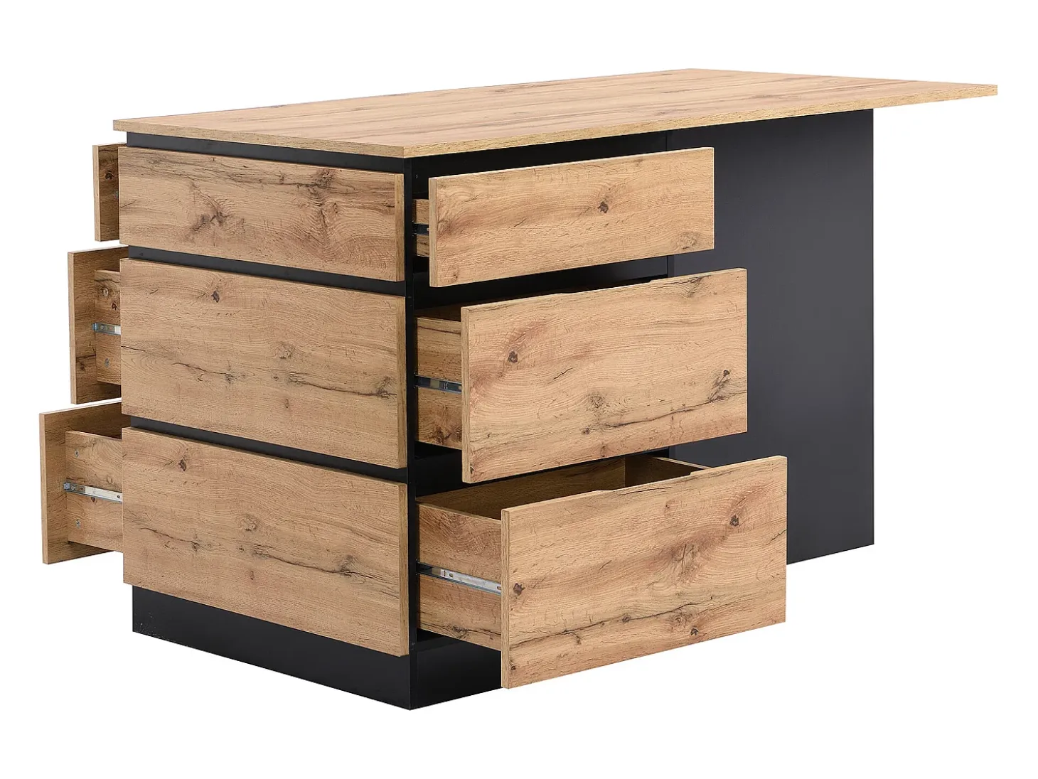 Isla central de cocina con 6 cajones y 4 compartimentos de MDF - Natural y Negro - POMARELA