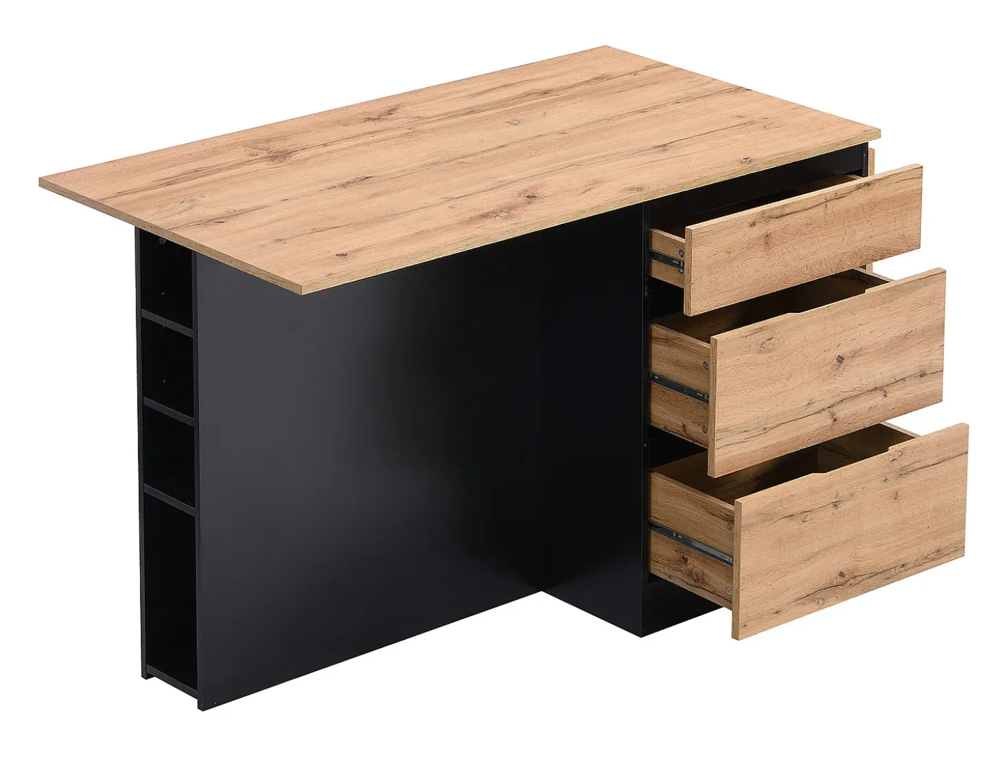 Isla central de cocina con 6 cajones y 4 compartimentos de MDF - Natural y Negro - POMARELA