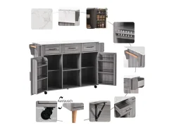 Isla central de cocina con 3 cajones y puertas de almacenamiento - Tablero extensible - Pies en ruedas o en madera - Gris