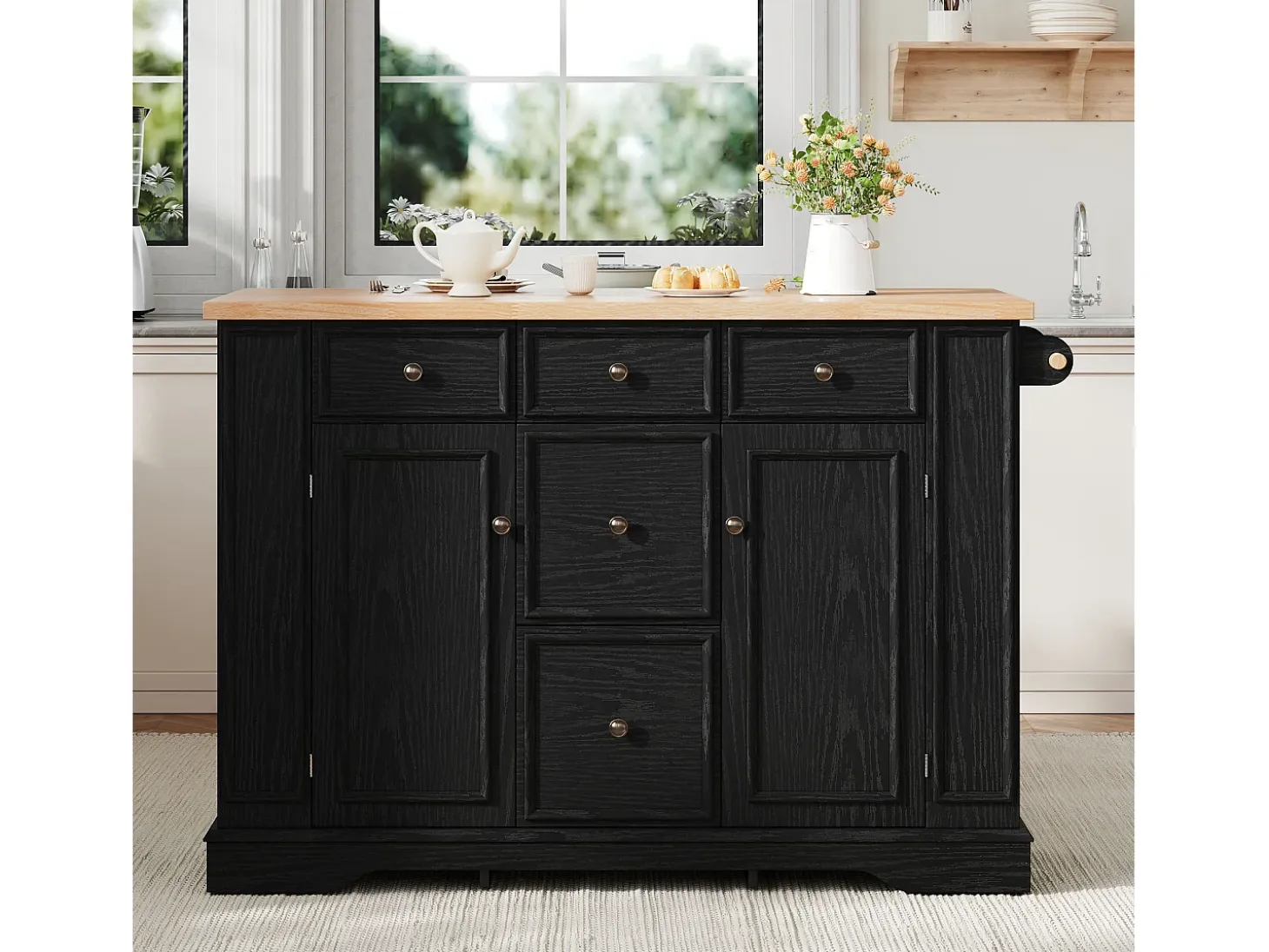 Isla central de cocina 130,5x40x92cm - tablero plegable - con toma de corriente - con 2 puertas y 5 cajones - negro