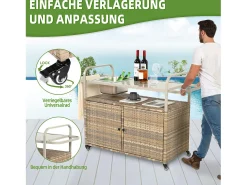 Isla central de ratán beige con 2 puertas, estilo bohemio natural con 2 estantes, con ruedas para fácil desplazamiento, ideal para terraza o jardín