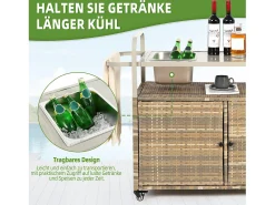 Isla central de ratán beige con 2 puertas, estilo bohemio natural con 2 estantes, con ruedas para fácil desplazamiento, ideal para terraza o jardín