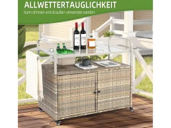 Isla central de ratán beige con 2 puertas, estilo bohemio natural con 2 estantes, con ruedas para fácil desplazamiento, ideal para terraza o jardín