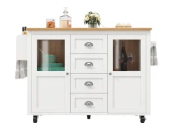 Isla central extensible - 137,9 x 45/73 x 93 cm - carro con ruedas + 2 puertas + 4 cajones - MDF + Metal - blanco