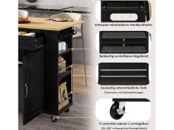 Isla central extensible con ruedas - 120 x 40/70 x 92 cm - con 2 puertas + 2 cajones - MDF - negro + natural