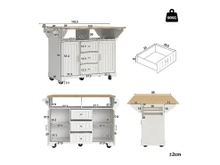 Isla central extensible con ruedas - 120 x 40/60/80 x 95 cm - con 2 puertas + 3 cajones - MDF + Metal - blanco