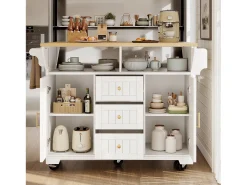 Isla central extensible con ruedas - 120 x 40/60/80 x 95 cm - con 2 puertas + 3 cajones - MDF + Metal - blanco