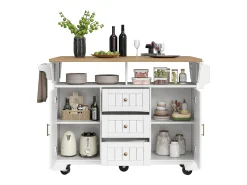 Isla central extensible con ruedas - 120 x 40/60/80 x 95 cm - con 2 puertas + 3 cajones - MDF + Metal - blanco