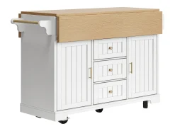 Isla central extensible con ruedas - 120 x 40/60/80 x 95 cm - con 2 puertas + 3 cajones - MDF + Metal - blanco