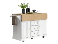 Isla central extensible con ruedas - 120 x 40/60/80 x 95 cm - con 2 puertas + 3 cajones - MDF + Metal - blanco