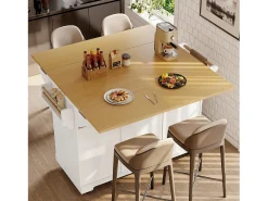 Isla central extensible con ruedas - 120 x 40/60/80 x 95 cm - con 2 puertas + 3 cajones - MDF + Metal - blanco