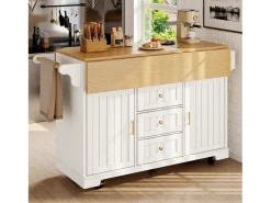 Isla central extensible con ruedas - 120 x 40/60/80 x 95 cm - con 2 puertas + 3 cajones - MDF + Metal - blanco