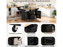 Isla central extensible con ruedas - 120 x 40/60/80 x 92 cm - con 2 puertas + 2 cajones - MDF - negro + natural