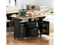 Isla central extensible con ruedas - 120 x 40/60/80 x 92 cm - con 2 puertas + 2 cajones - MDF - negro + natural