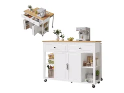 Isla central extensible con ruedas - 120 x 50/81,5 x 92 cm - con 2 puertas + 2 cajones - MDF + Metal - blanco