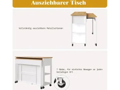 Isla central extensible con ruedas - 120 x 50/81,5 x 92 cm - con 2 puertas + 2 cajones - MDF + Metal - blanco