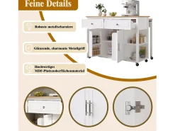 Isla central extensible con ruedas - 120 x 50/81,5 x 92 cm - con 2 puertas + 2 cajones - MDF + Metal - blanco