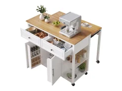 Isla central extensible con ruedas - 120 x 50/81,5 x 92 cm - con 2 puertas + 2 cajones - MDF + Metal - blanco