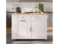 Isla central extensible con ruedas - 120 x 40/70 x 92 cm - con 2 puertas + 2 cajones - MDF - blanco + natural