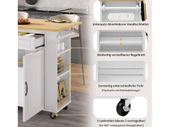 Isla central extensible con ruedas - 120 x 40/70 x 92 cm - con 2 puertas + 2 cajones - MDF - blanco + natural