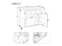 Isla central extensible con ruedas - 120 x 40/70 x 92 cm - con 2 puertas + 2 cajones - MDF - blanco + natural