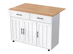 Isla central móvil con mesa plegable, 3 puertas y 2 cajones de almacenamiento - Blanco