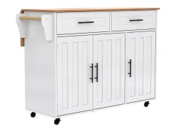Isla central móvil con mesa plegable, 3 puertas y 2 cajones de almacenamiento - Blanco
