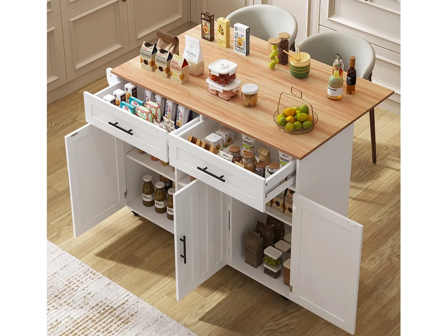 Isla central móvil con mesa plegable, 3 puertas y 2 cajones de almacenamiento - Blanco