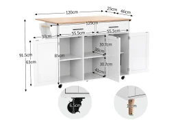 Isla central móvil con mesa plegable, 3 puertas y 2 cajones de almacenamiento - Blanco