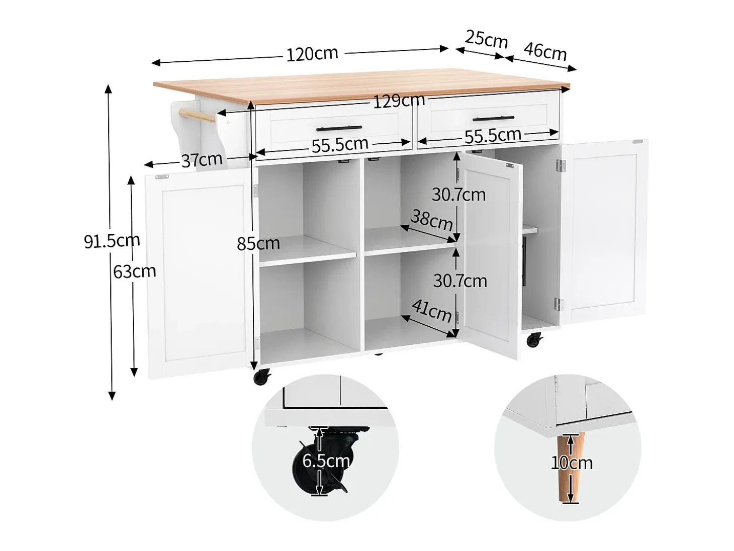Isla central móvil con mesa plegable, 3 puertas y 2 cajones de almacenamiento - Blanco