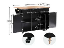 Isla central móvil con mesa plegable, 3 puertas y 2 cajones de almacenamiento - Negro