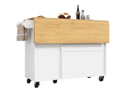 Isla central móvil con tablero de madera veteada, 3 puertas texturizadas y especiero - blanco