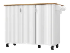 Isla central móvil con tablero de madera veteada, 3 puertas texturizadas y especiero - blanco