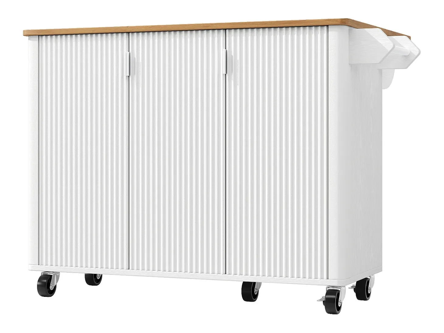 Isla central móvil con tablero de madera veteada, 3 puertas texturizadas y especiero - blanco