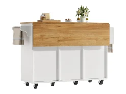Isla de cocina - 146,85 x 45/70 x 93 cm - carro extensible con ruedas + 2 puertas + 3 cajones - MDF + Metal - blanco