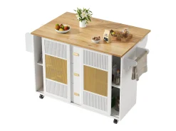 Isla de cocina - 146,85 x 45/70 x 93 cm - carro extensible con ruedas + 2 puertas + 3 cajones - MDF + Metal - blanco