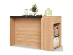 Isla de cocina - 140 x 60 x 90 cm - con 5 estantes + cajón oculto - efecto roble y mármol negro - MDF