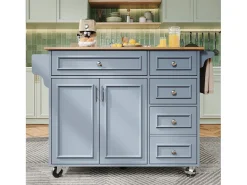 Isla de cocina - 110 x 45-75 x 92 cm - carrito de servicio extraíble - con 5 cajones + 2 puertas - MDF - azul