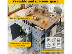 Isla de cocina - 110 x 45-75 x 92 cm - carrito de servicio extraíble - con 5 cajones + 2 puertas - MDF - azul